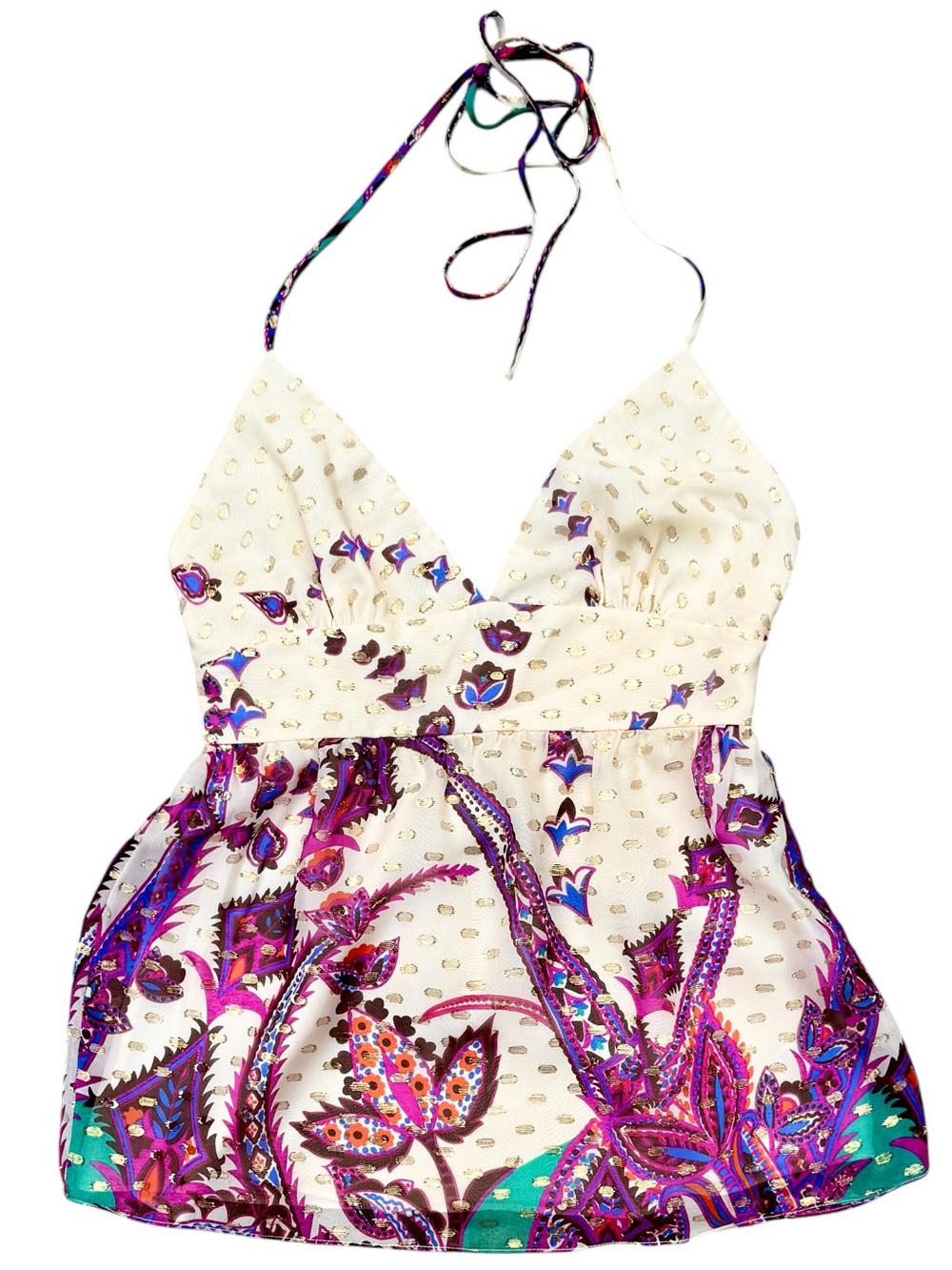 Tibi Cream Halter Top with Purple, Teal & Gold Accents